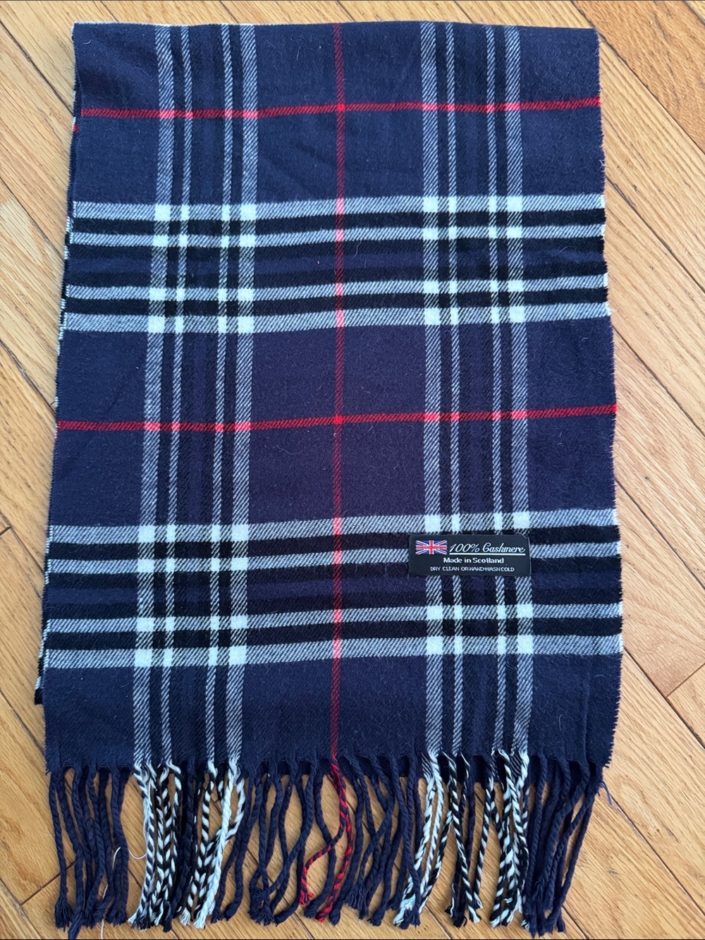 Classic Navy Plaid Wool Scarf - 100% Cashmere
